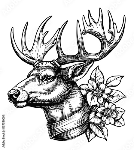 Detailed Engraving of Deer Head with Floral Elements