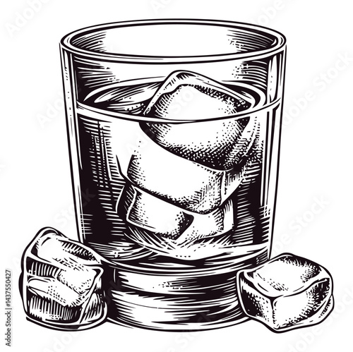 Vintage Engraving of Glass with Ice Cubes in Classic Illustration Style
