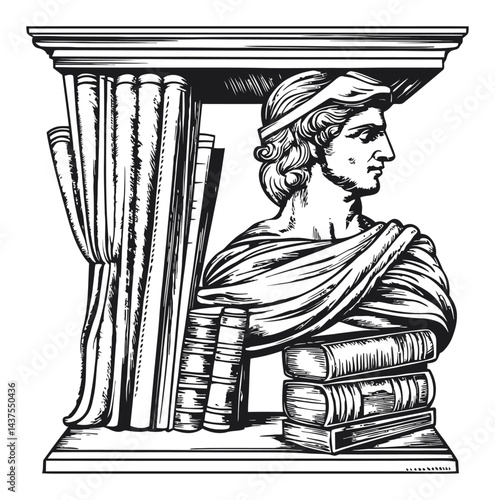 Classic Engraving of a Bust with Books and Columns in Fine Detail