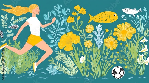 Active woman running near a soccer ball with floral and fish illustrations