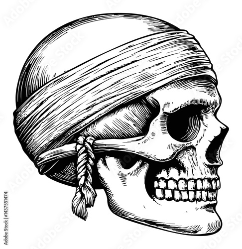 Detailed Engraving of a Skull with Bandana in Side Profile View