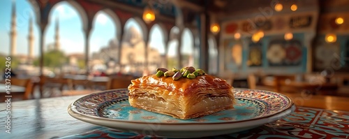 Turkish Delight: Baklava with Pistachios on a Colorful Plate - Photo