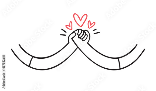holding hands and heart doodle hand drawn icon. Outline drawing friendship hands or romantic hands line clipart symbol