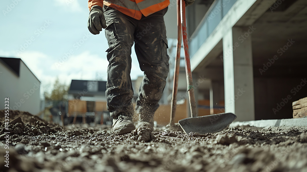 Construction Worker Digging with Shovel at Site Construction Worker Digging with Shovel at Site