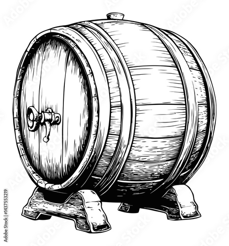 Detailed Engraving of Barrel on Stand in Vintage Style