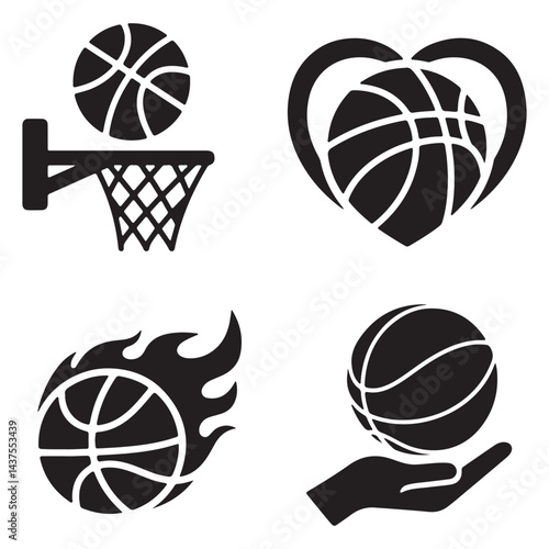 Vector Sport icon Logo Set Collection With Basketball And Heart Symbols in Black Silhouette Design