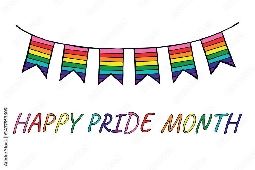 Obraz premium Colorful garland Gay pride flag Happy pride day LGBTQIA community Pride Month Vector hand drawn doodle for posters, stickers, logo, cards
