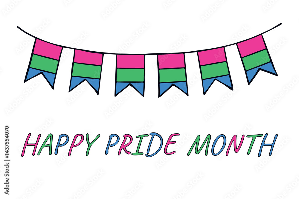 Obraz premium Colorful garland Polysexual pride flag Happy pride day LGBTQIA community Pride Month Vector hand drawn doodle for posters, stickers, logo, cards