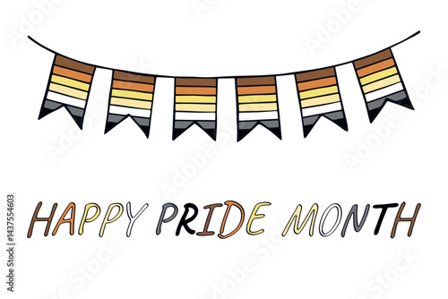 Colorful garland Bear brotherhood pride flag Happy pride day LGBTQIA community Pride Month Vector hand drawn doodle for posters, stickers, logo, cards