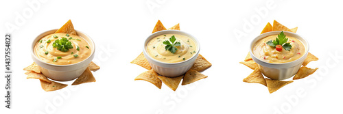 Bowl of white queso dip, surrounded by tortilla chips set of against a Transparent background