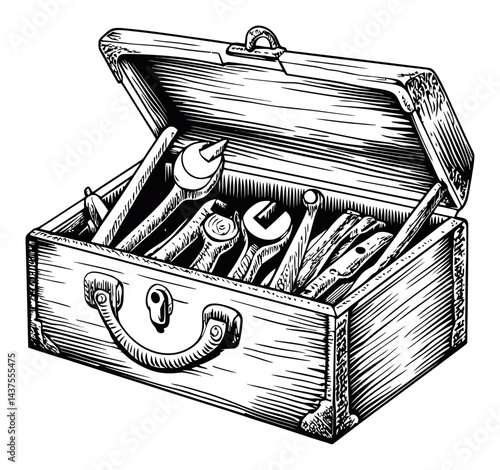 Vintage Engraving of Open Tool Box with Assorted Tools Inside