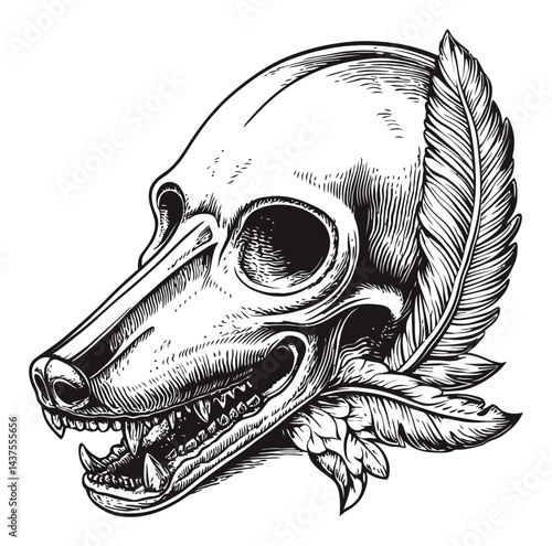 Detailed Engraving of a Dog Skull with Feather and Floral Elements