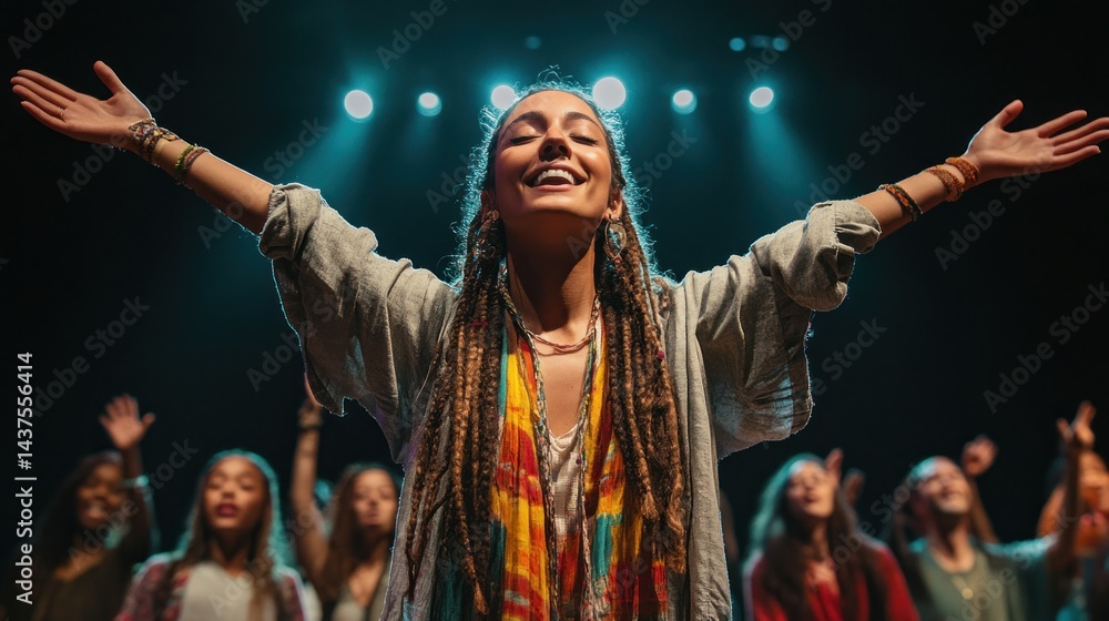 Fototapeta premium Woman singing, arms raised, joyful