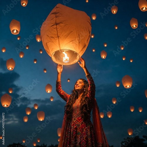 woman releasing sky lantern happily for celebrating asian traditional festival diwali