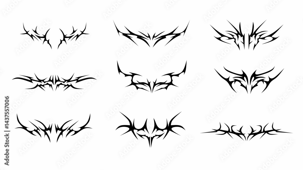 Obraz premium Collection of neo tribal symmetrical shapes isolated on white. Ideal for tattoo art, streetwear. Editable tribal vector template elements
