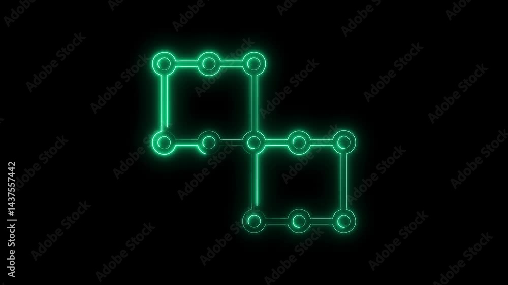 Abstract neon green linked square shapes glowing on black background for technology or network concepts Abstract neon green linked square shapes glowing on black background for technology or network concepts