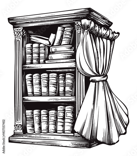 Detailed Engraving of a Classic Bookshelf with Curtain