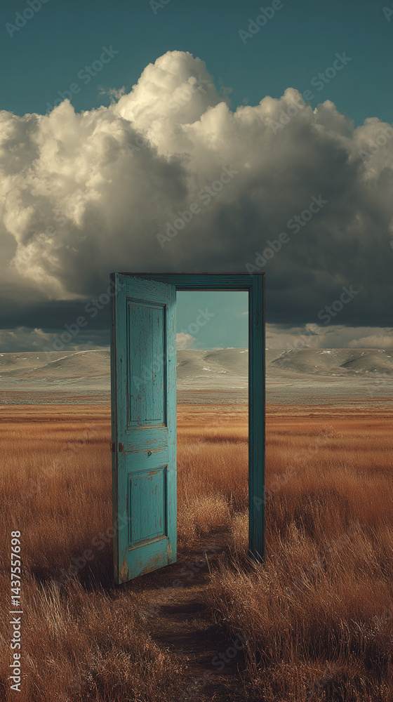 Open teal door in a dry, grassy field, leading to a view of hills under a dramatic sky, symbolizing new beginnings, opportunity, and transition Open teal door in a dry, grassy field, leading to a view of hills under a dramatic sky, symbolizing new beginnings, opportunity, and transition