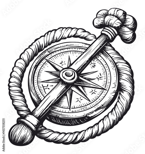 Detailed Engraving of a Nautical Compass with Decorative Rope Design