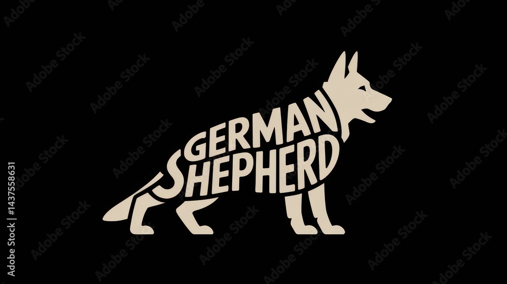 Obraz premium Graphic design illustration featuring the silhouette of a German Shepherd dog in a classic alert stance, with pointed ears. The body shape is formed by the word 
