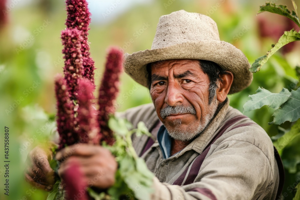 An aged farmer, weathered face reflecting years of toil, tends to his amaranth crop in a sun-drenched field. An aged farmer, weathered face reflecting years of toil, tends to his amaranth crop in a sun-drenched field.