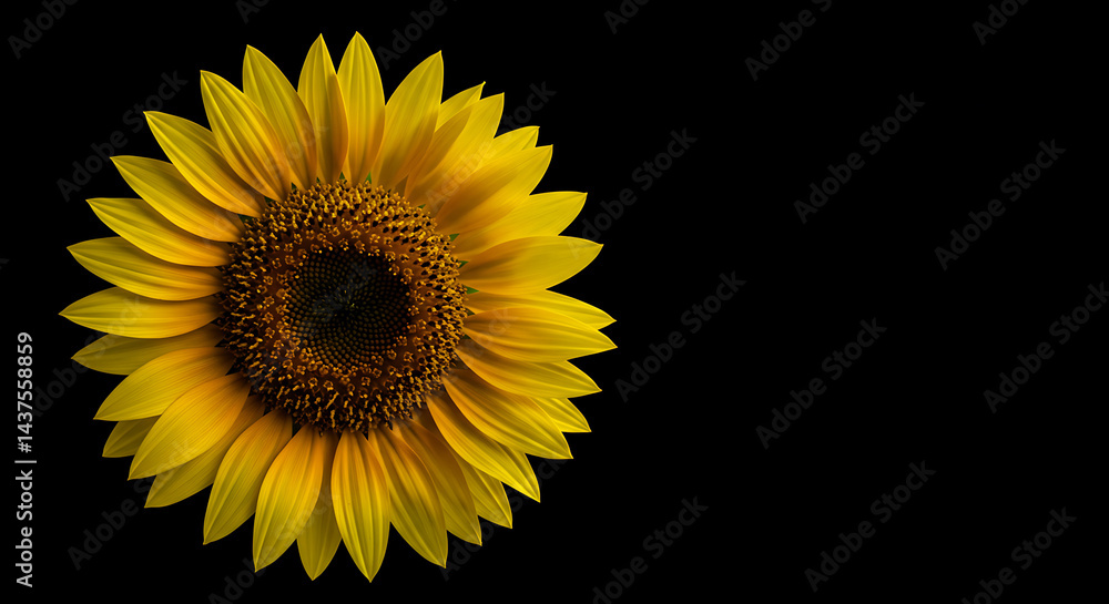 Fototapeta premium Vibrant yellow sunflower close-up on black background, isolated studio shot ideal for websites, blogs, and nature-themed designs