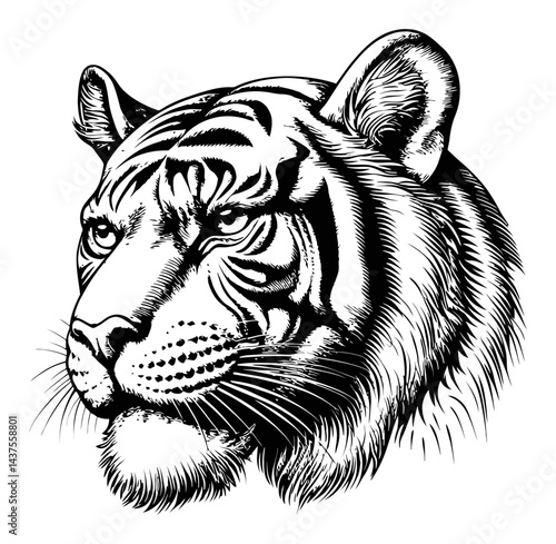 Engraving of a Majestic Tiger Head in Black and White Illustration