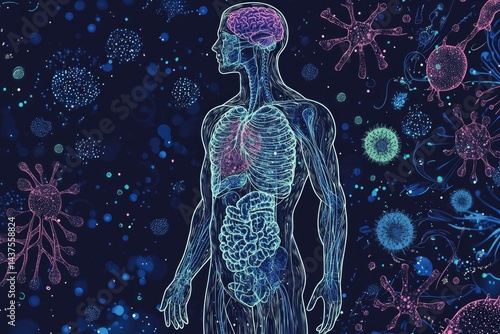 Human anatomy illustration showcasing internal organs and surrounding viruses, emphasizing the body's interaction with pathogens.