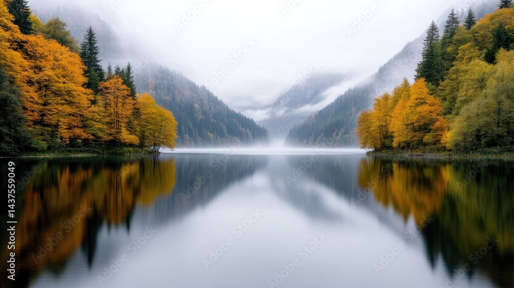 Naklejka premium Misty mountain lake autumn colors
