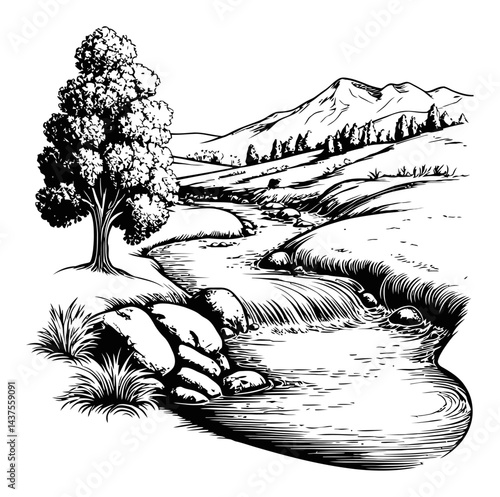 Scenic Engraving of River, Rocks, Tree and Mountain Landscape