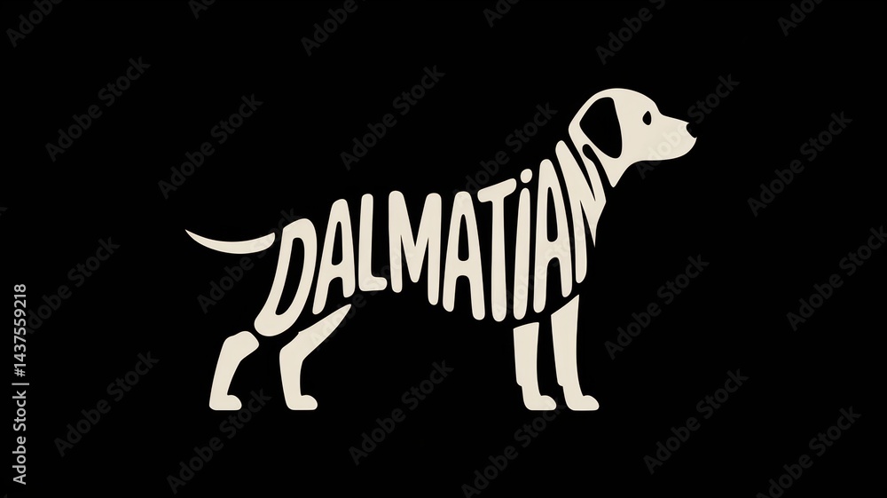 Fototapeta premium Graphic design illustration featuring the silhouette of a Dalmatian dog, known for its spots. The sleek, athletic body shape is formed by the word 
