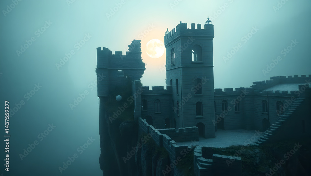 Obraz premium Forgotten Castle Crumbling Walls, Misty Atmosphere, and Eerie Beauty
