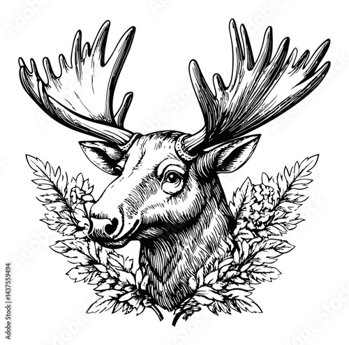 Detailed Engraving of a Majestic Moose with Decorative Leaves