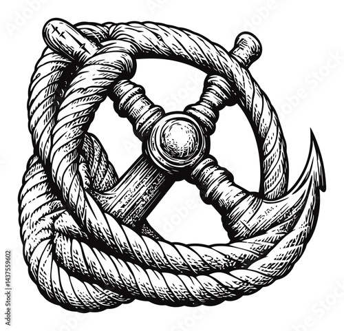 Vintage Engraving of Nautical Elements with Rope and Anchor Design