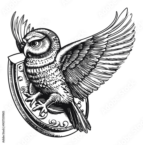 Detailed Engraving of a Flying Owl with Wings Spread Wide
