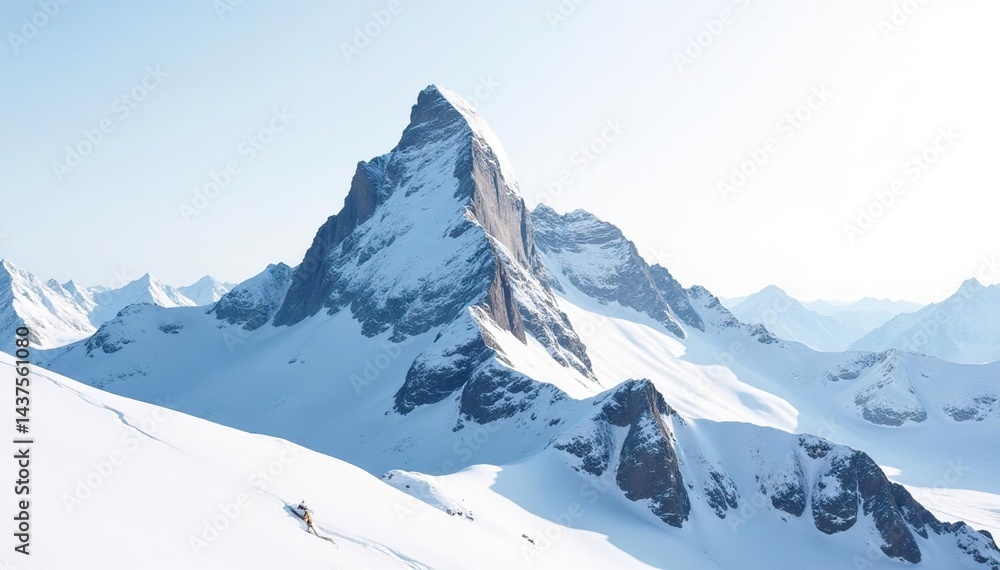 A snowy mountain peak, stark against a bright white sky , wilderness, exploration A snowy mountain peak, stark against a bright white sky , wilderness, exploration