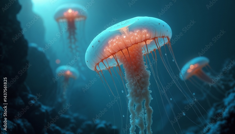 Fototapeta premium Floating jellyfish-like aliens in a gas giant's atmosphere with a mystical underwater environment