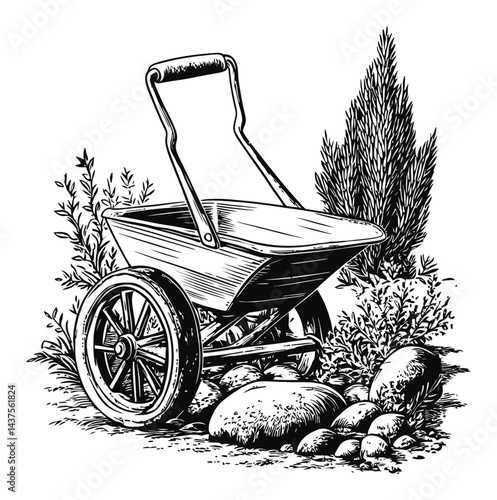 Vintage Garden Cart Engraving Surrounded by Botanical Elements