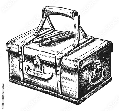 Vintage Engraving of a Classic Toolbox with Tools and Pen