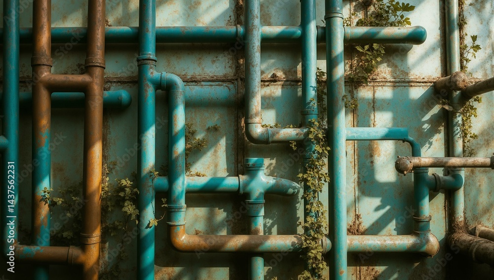 Fototapeta premium Aged copper pipes twist within a Victorian conservatory, showcasing verdigris, teal, bronze, and creeping ivy.