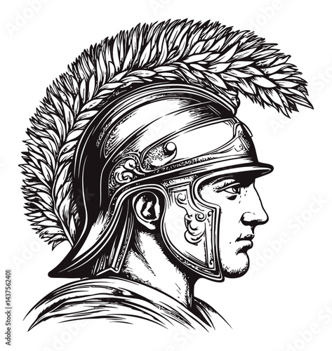 Detailed Engraving of a Roman Soldier Profile with Laurel Wreath
