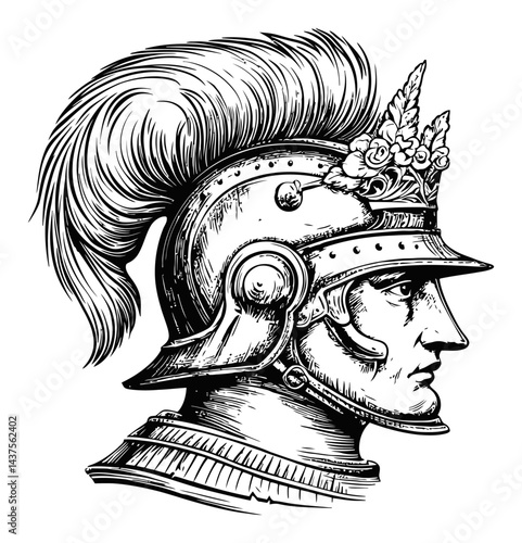 Detailed Engraving of a Roman Soldier's Profile with Crest and Flowers