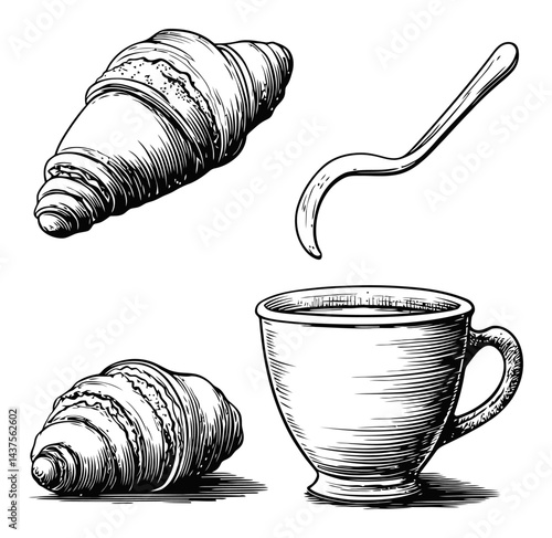 Hand-Drawn Engraving of Croissants and Coffee Cup Illustration