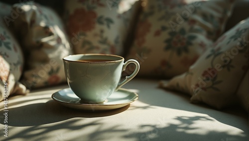 Cracked celadon teacup holds honey in a vintage conservatory, bathed in soft light.