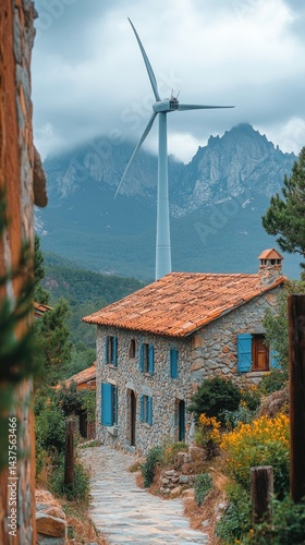 A stone house nestled in a mountain village, with a wind turbine in the background.