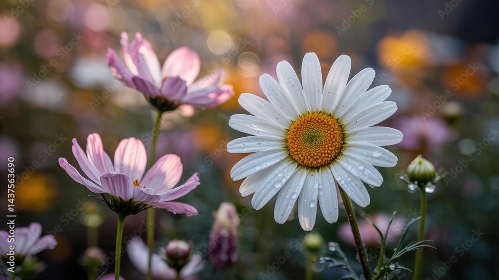 Fototapeta premium Dreamy white daisy and cosmos in golden hour bloom