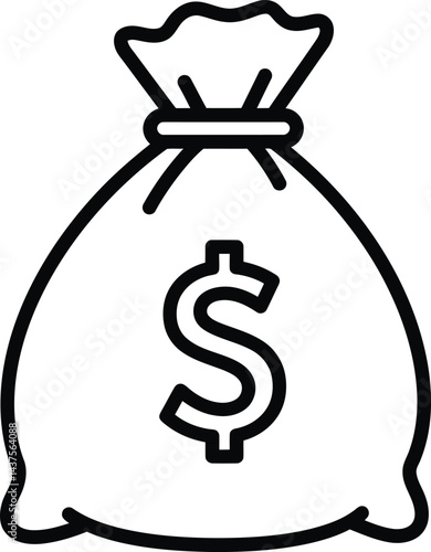 Bag of Money: A bold, outlined image of a tied money bag with a prominent dollar sign, symbolizing wealth and finance.