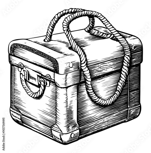 Vintage Engraving of a Detailed Travel Case with Rope Handle