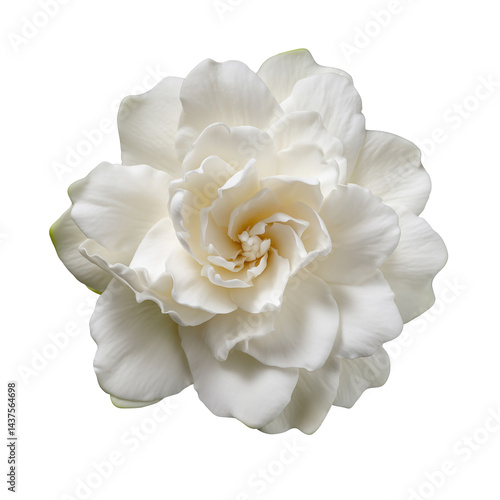 Close-up of a beautiful white gardenia flower with delicate petals on black background