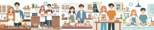 Collection of couples cooking baking together in kitchen preparing food flat cartoon vector character illustrations set isolated design.
